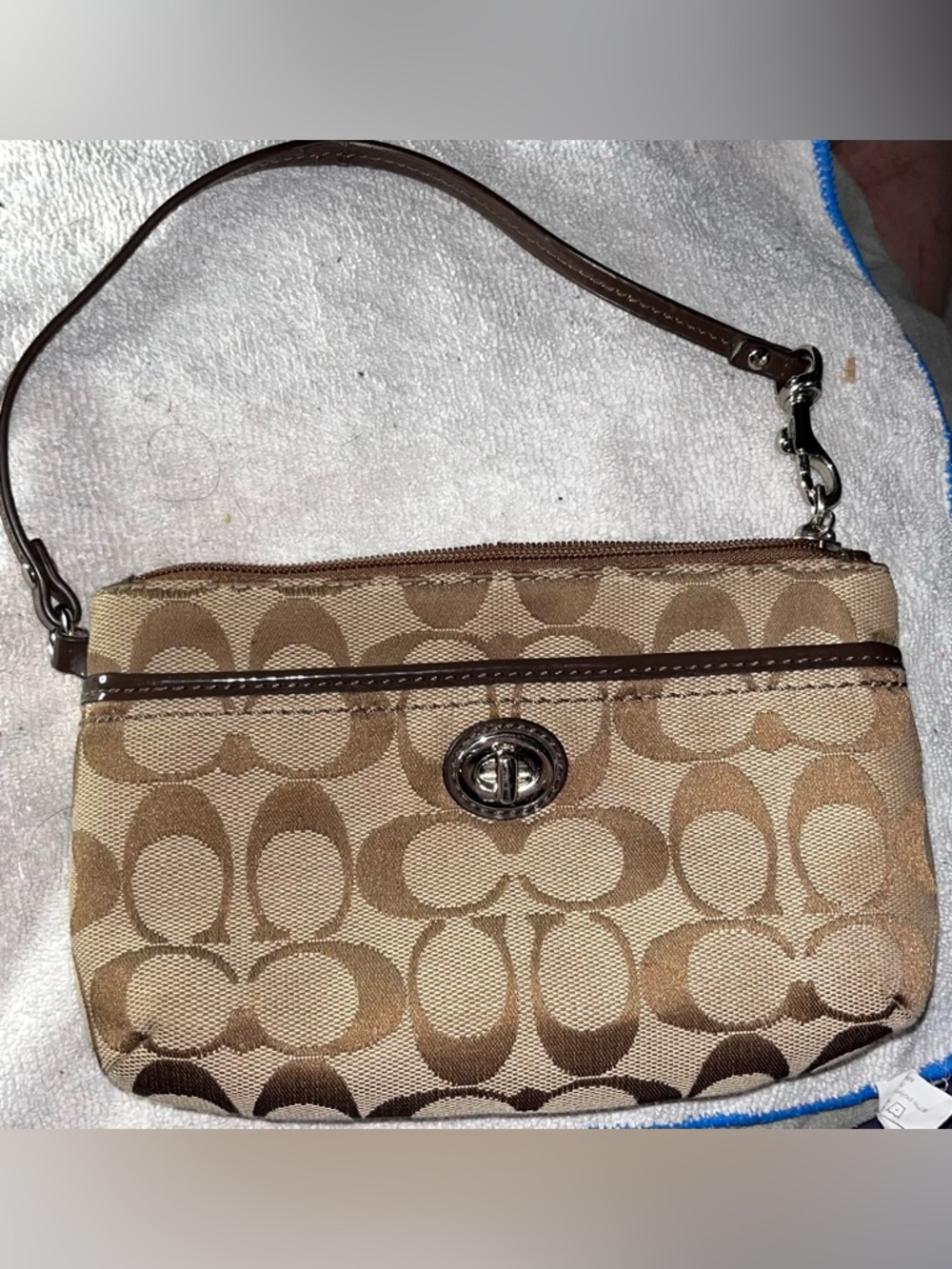 Coach Signature Jacquard Clutch in Khaki and Brown - Picture 1 of 5